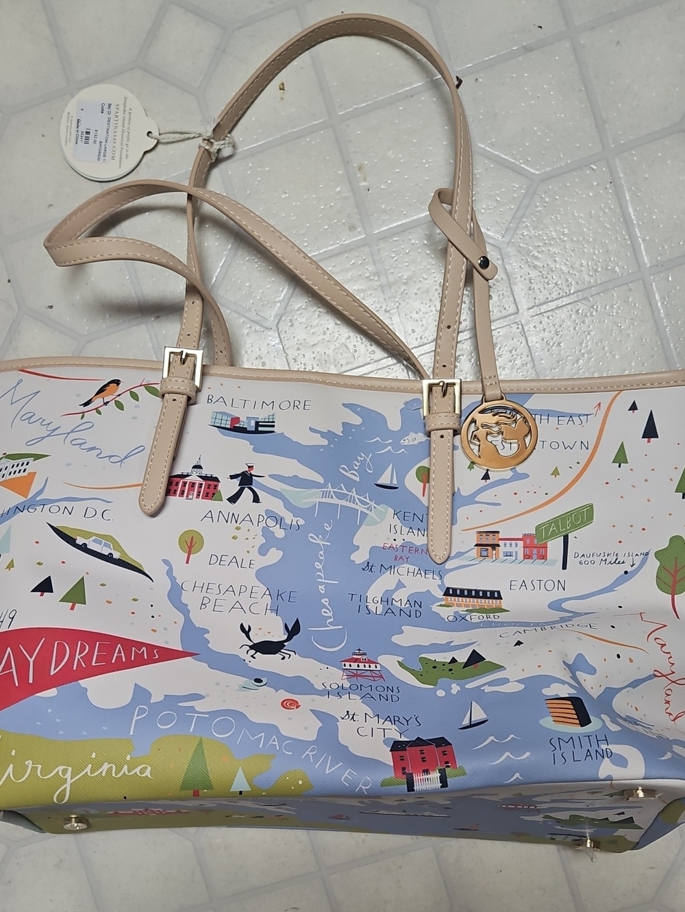 SPARTINA Map Print Tote Bag with Beige Trim - Daydreams Collection NWT MD